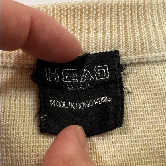 HEAD Geometric Wool Blend Sweater Retro Knit Pullover Navy Yellow Blue Large - Picture 2 of 12